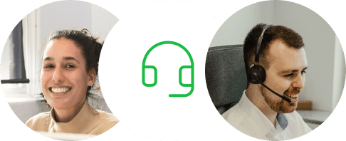 Zwei Köpfe in Kreisen, in der Mitte ist ein Headset abgebildet, das für Support steht. 